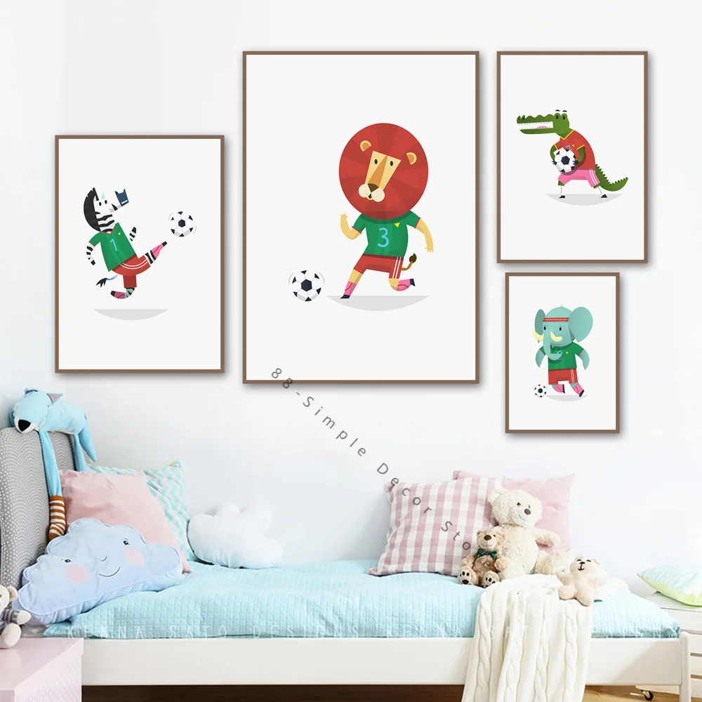 

Cartoon Animal Soccer Player Lion Elephant Nordic Posters And Prints Wall Art Canvas Printing Baby Kids Room Decor Pictures