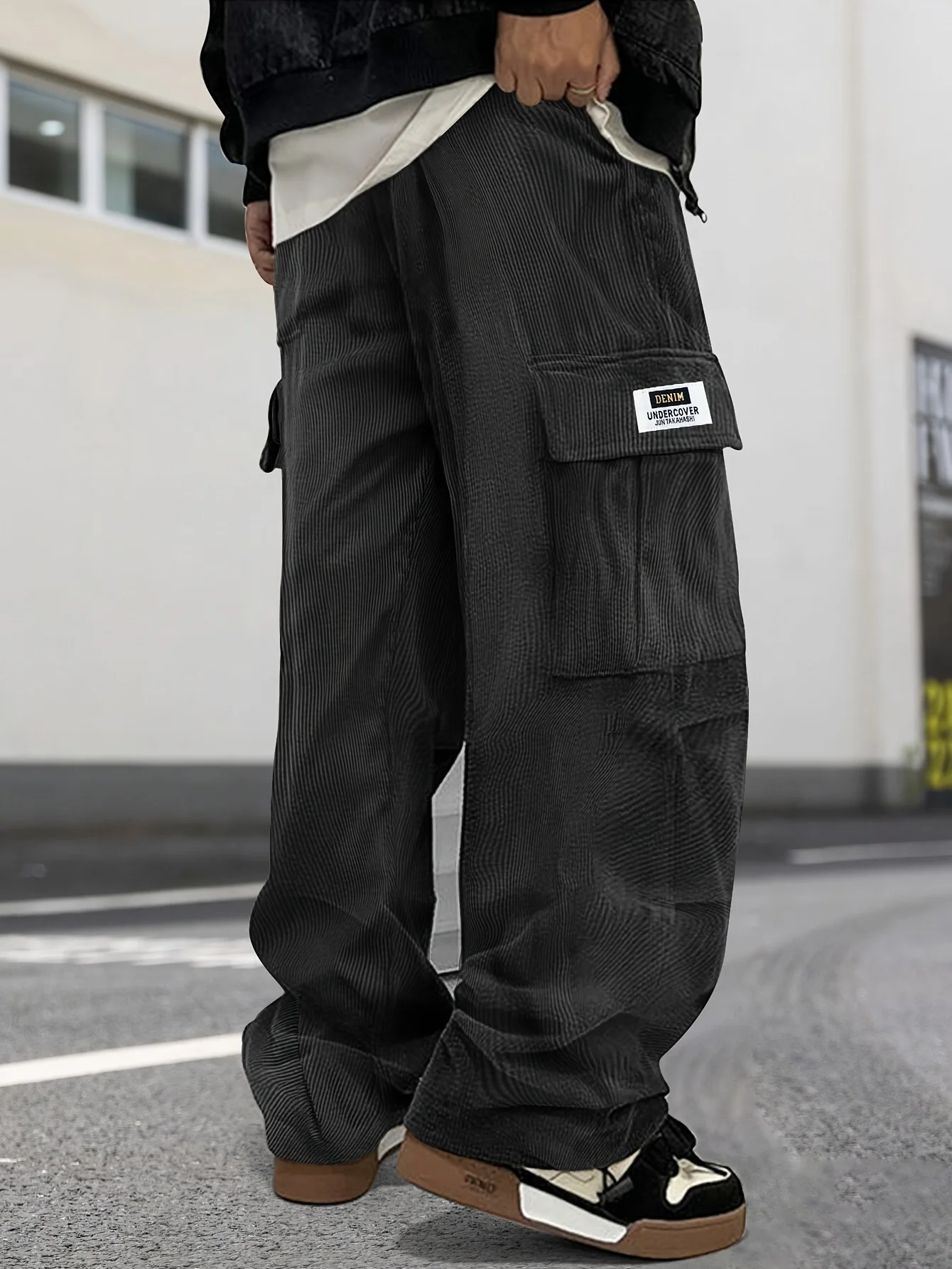 سروال قصير بلون سادة للرجال فضفاض مناسب للعمل سروال قصير بلون سادة - جيوب متعددة برباط #1