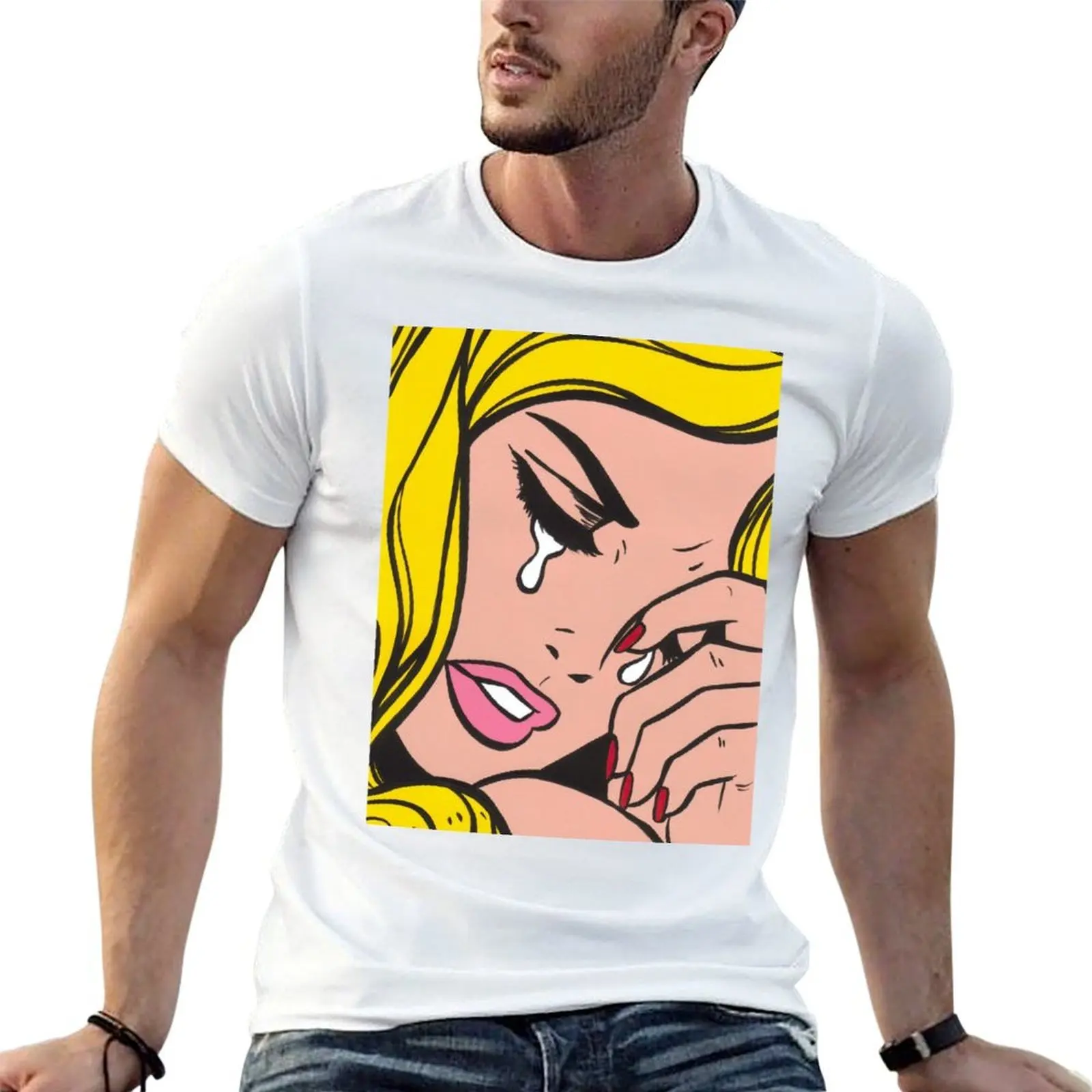 

Blonde Crying Comic Girl T-Shirt t shirts for man graphic tees anime t shirts oversize man t shirt cotton high quality T-shirt