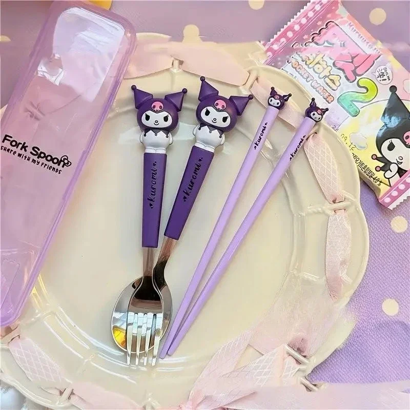 Ensemble de couverts pour enfants Kawaii Kuromi Hello Kitty Melody : baguettes, cuillère, fourchette – Cinnamoroll en acier inoxydable, cadeaux pour étudiants, vaisselle