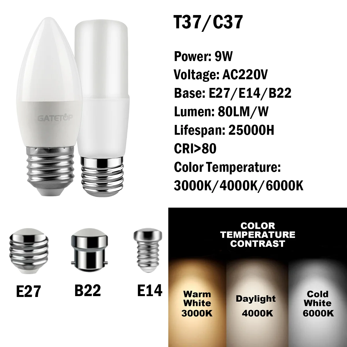 LED Bulb 4-20Pcs T37/C37 9W E27/E14/B22 AC220V 3000K-6000K No Strobe High Lumen CRI 80+ Light for Home, Office Lighting