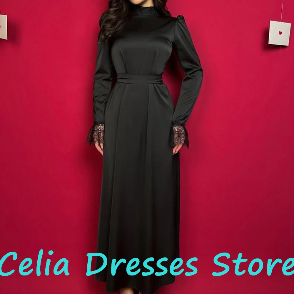 Dubai Evening Caftan Dress Satin Long Sleeves Straight High Neckline Ankle Length Pleats Solid Black Lace Bespoke Occasion Gowns