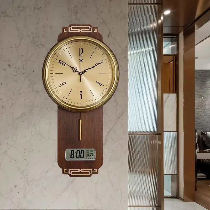 Chinese style wall clock living room new light luxury solid wood wall clock fashion creative Chinese wind clock mute calendar