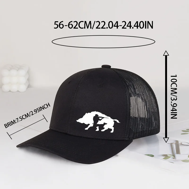 Wild Boar Hunting Print Mesh Trucker Hat Adjustable Breathable Baseball Cap for Men Outdoor Hunting Fishing Activities