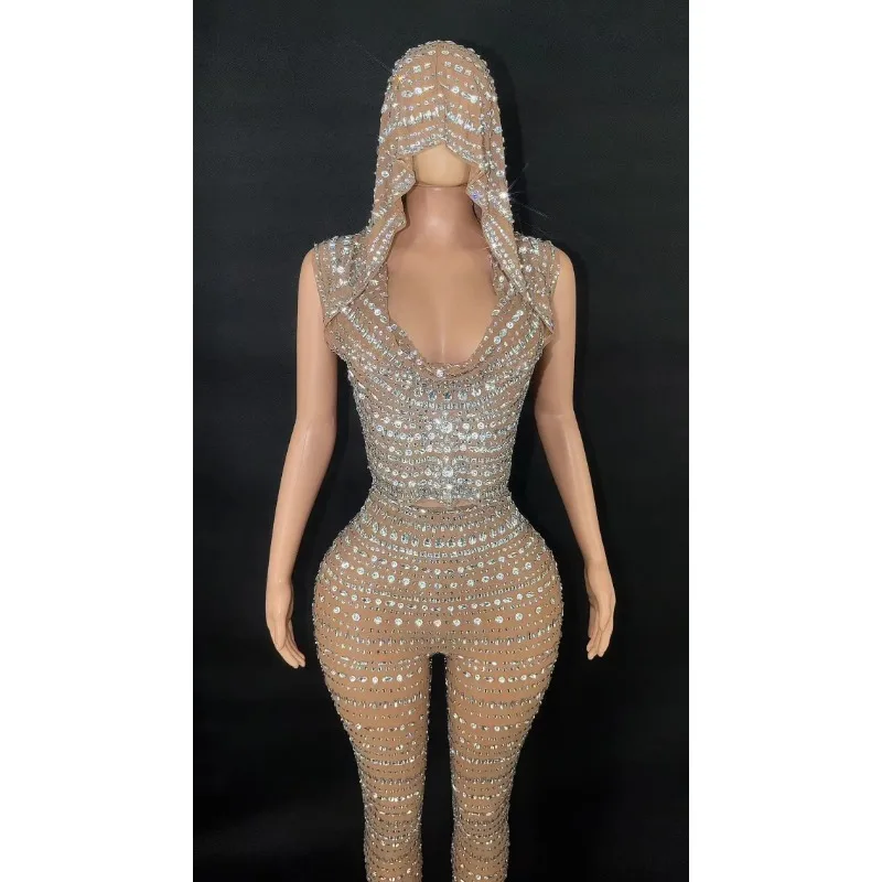 반짝이는 시스루 긴팔 장갑 다이아몬드 롬퍼 나이트 클럽 프롬 바디수트 여성 섹시 이브닝 파티 라인스톤 점프수트