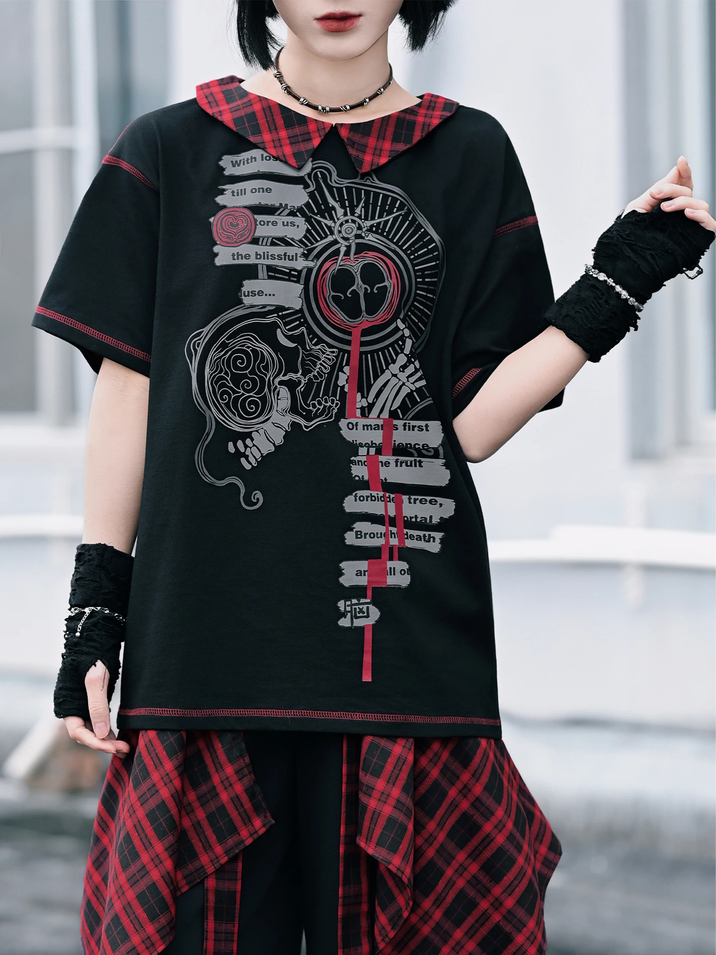 Dark Sweet Cool Contrast Color Collar T-Shirt Women's Short Sleeve Print Y2K Top Fake Two-Piece Garden Style Cotton Blend