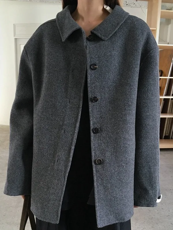 

Ele Woolen Coat Women's Retro Briti Sle Mid-Length Single-Button Notch Collar Coat Long Sve Loose Fit Autumn Coat