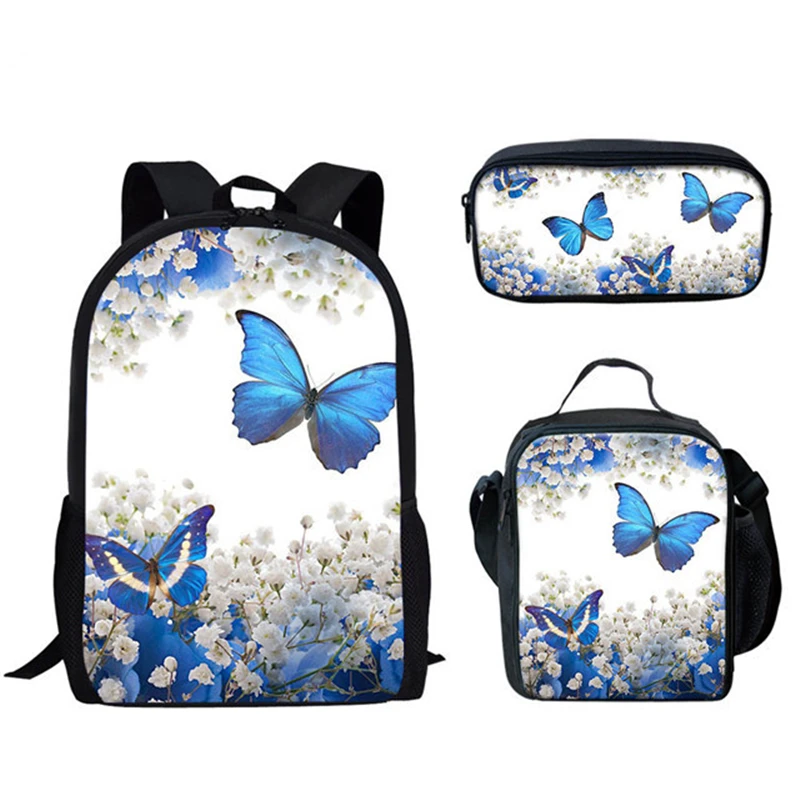 Popular Youthful Butterfly Pattern 3D Print 3pcs/Set Student Travel bags Laptop Daypack Backpack Lunch Bag Pencil Case