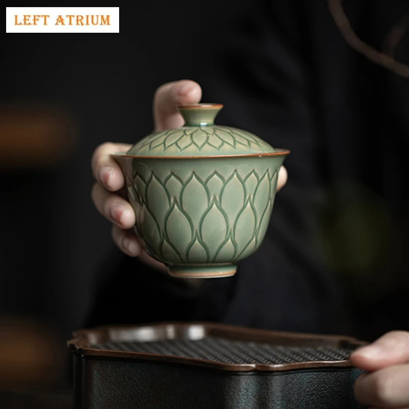 

135ml Celadon Lotus Gaiwan For Tea Tureen With Lid Green Teaware Kung Fu Tea Ceremony Set Coffee Cups Tea Bowls Small Chawan