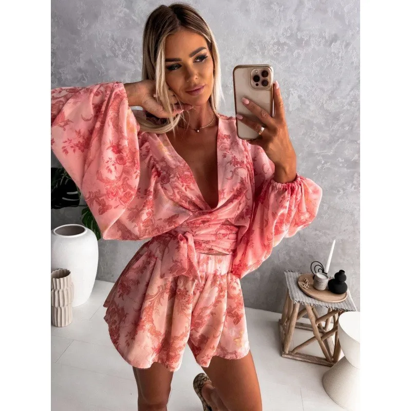 Sexy Women's Summer Dress Beach Dresses Flower Print Lantern Long Sleeve Casual Playsuit Jumpsuit Streetwear Bohemian Ladies 