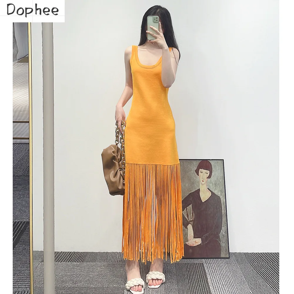 

High Quality Summer Women Sleeveless Knitting Dress Orange Long Tassel Strap Dress U-neck All-match Ultra Long Basic Knit Dress