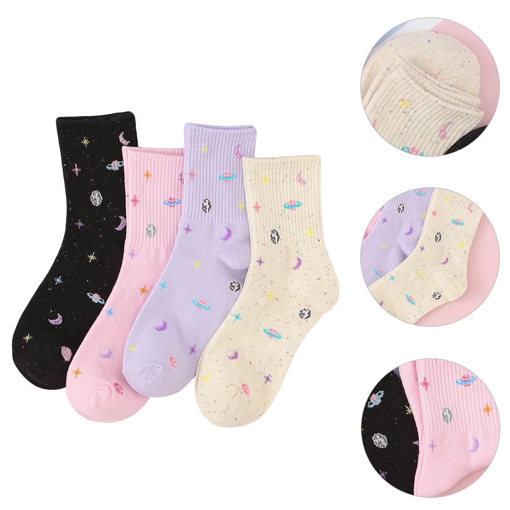 4 pares de calcetines Sky de algodón de tubo medio, calcetines cálidos transpirables con estampado para mujeres y niñas, medias de algodón de tubo medio