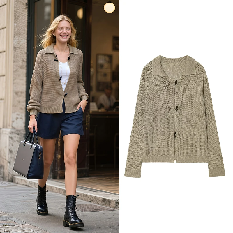 

Осень 2023, новый женский вязаный кардиган на пуговицах в консервативном стиле с воротником-поло, повседневная одежда и многослойное крепление, адаптируется к Trafizaran