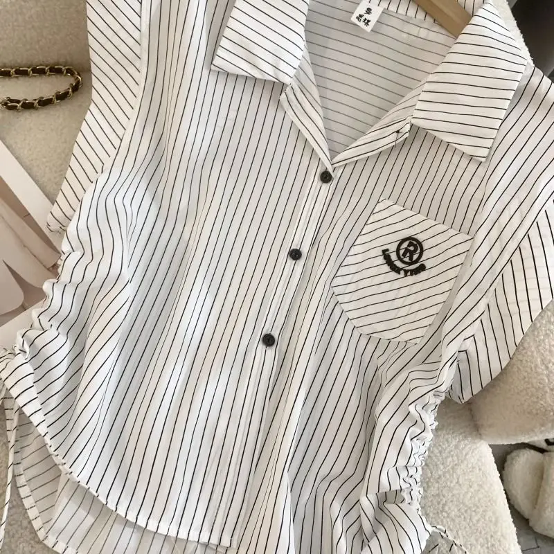 Summer New Preppy Style Short Blouse Polo Neck Drawstring Lacing Striped Youth Sweet Shirt Tops Fashion Casual Women Clothing