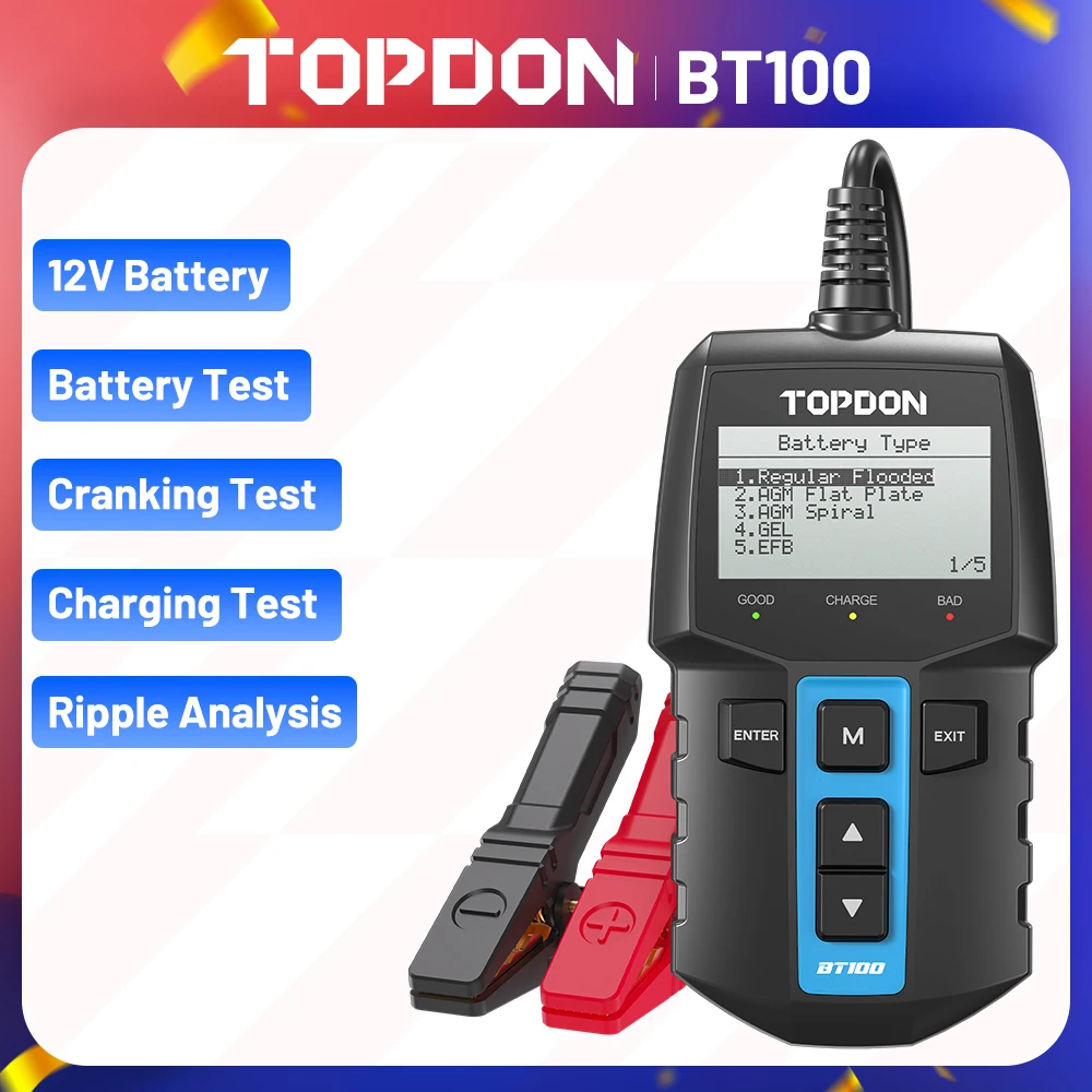 

TOPDON BT100 Battery Tester Car Charger Analyzer 12V 2000CCA Voltage Battery Test Car Battery Tester Charging Tools