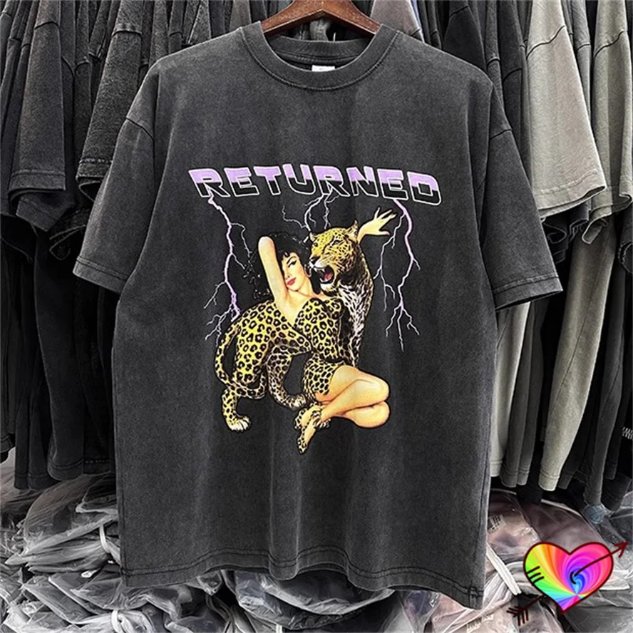 2024 Oversize Vintage Returned Logo Tee Men Women Wash World Of Work T-shirt Leopard Tops Lightning Graphic Beauty Short Sleeve