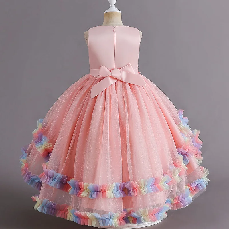 Robe de princesse en fibre traînante pour filles, maille moelleuse, performance florale, journée des enfants, soirée, 6628