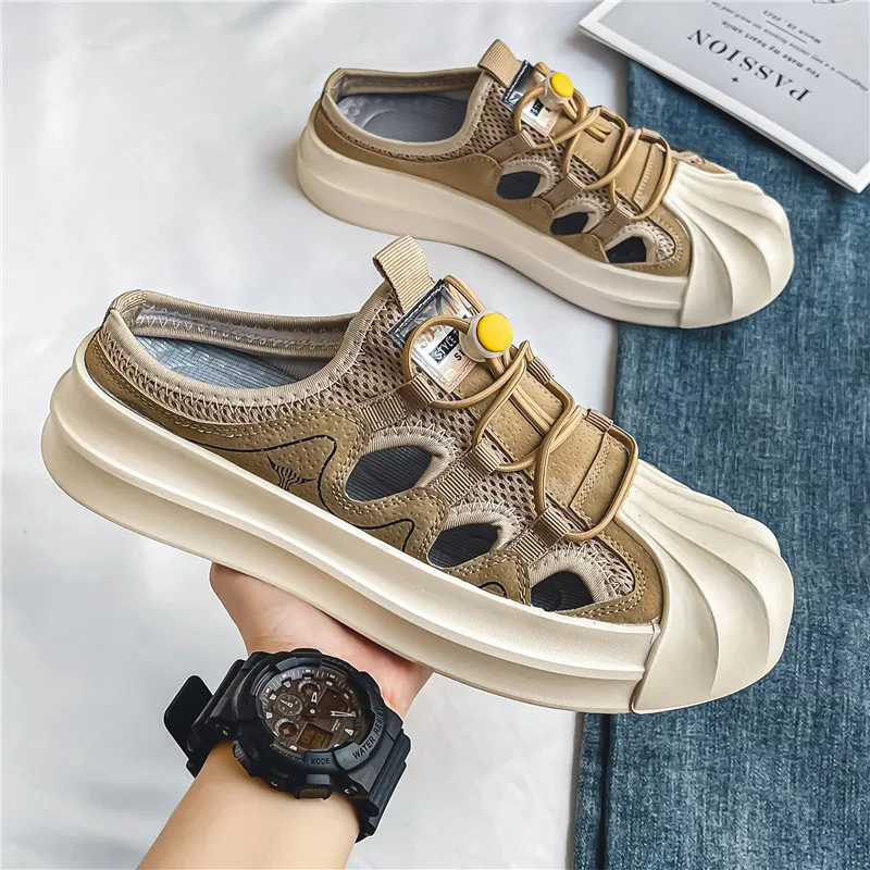 Hot Summer Shell toe Men's Casual Shoes Breathable Mesh Half Slipper Sneakers Men Comfort Vulcanize Shoes Men Slip On Footwear