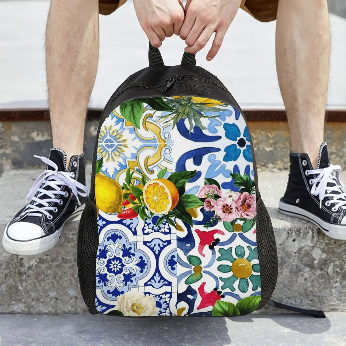 بلاط صقلية، البحر الأبيض المتوسط، فسيفساء، الليمون حقيبة ظهر الطالب حقيبة مدرسية المشي لمسافات طويلة السفر Daypack حقيبة الكتب الموضة حقائب الكتف #6