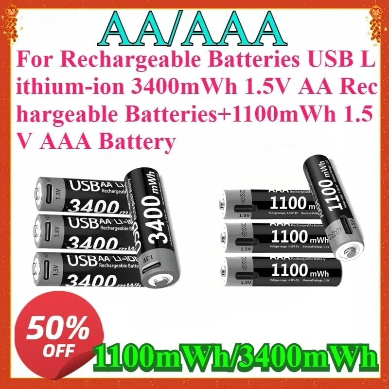 

For 3400mWh 1.5V AA Rechargeable Batteries+1100mWh 1.5V AAA Battery New Li-ion AA and AAA Rechargeable Batteries USB Lithium-ion