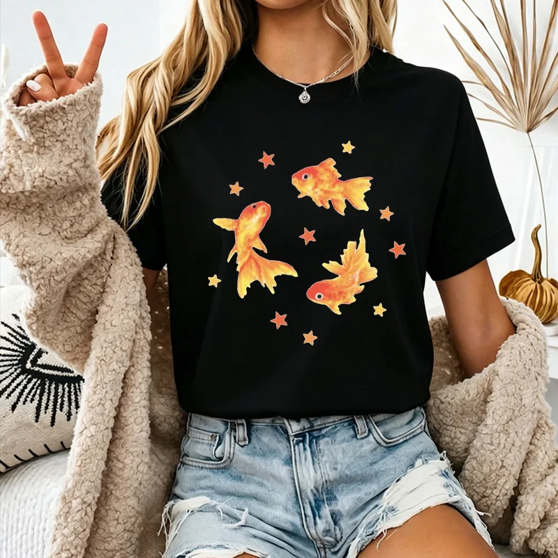 Unisex Watercolor Goldfish Star Minimal Art Graphic T Shirt Lucky Traditional Symbol Daily Streetwear Top