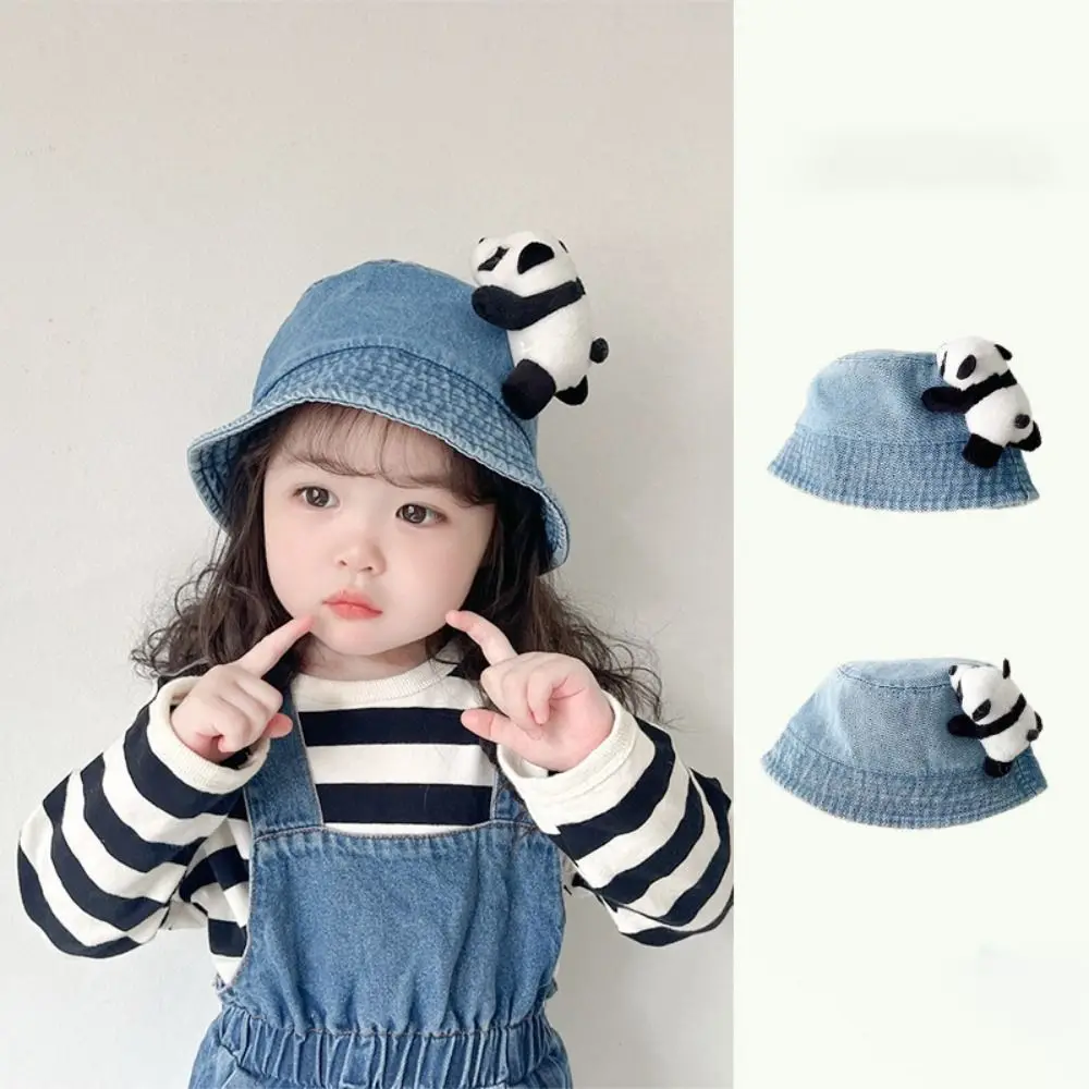 Breathable Panda Children Sun Visor Hat Korean Style Wide Brim Baby Fisherman Hat Cowboy Solid Color Basin Hat Summer