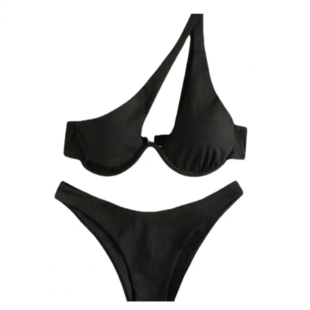 Women Two-piece Swimsuit Set One-shoulder Bikini Set with High Waist for Push Up Swimwear Beachwear