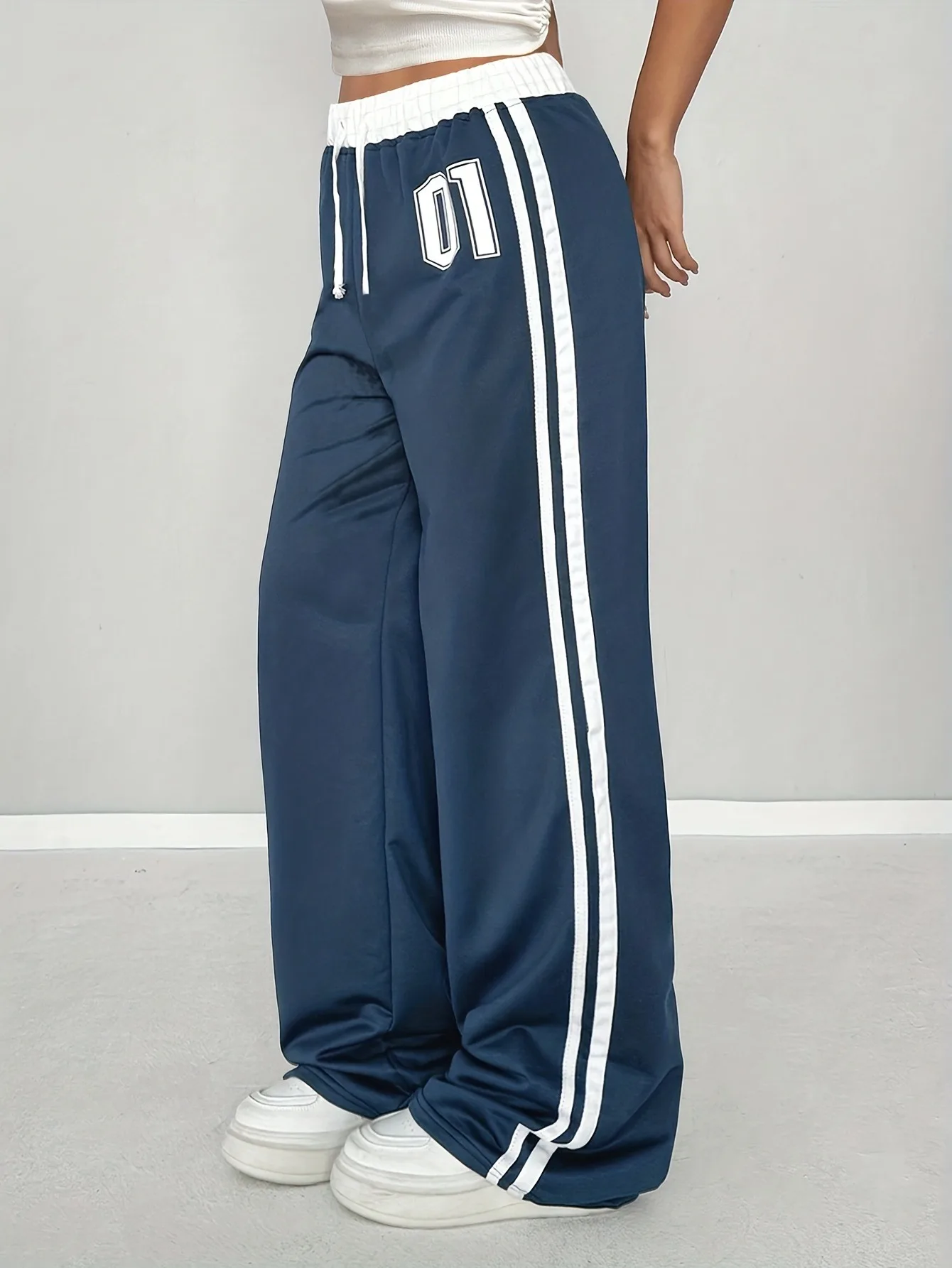 Y2K Mädchen Navy 01 Nummer Seitenstreifen Weite Jogginghose Elastischer Bund Vintage Sport Streetwear Für 4-12 Jahre – Detail 3