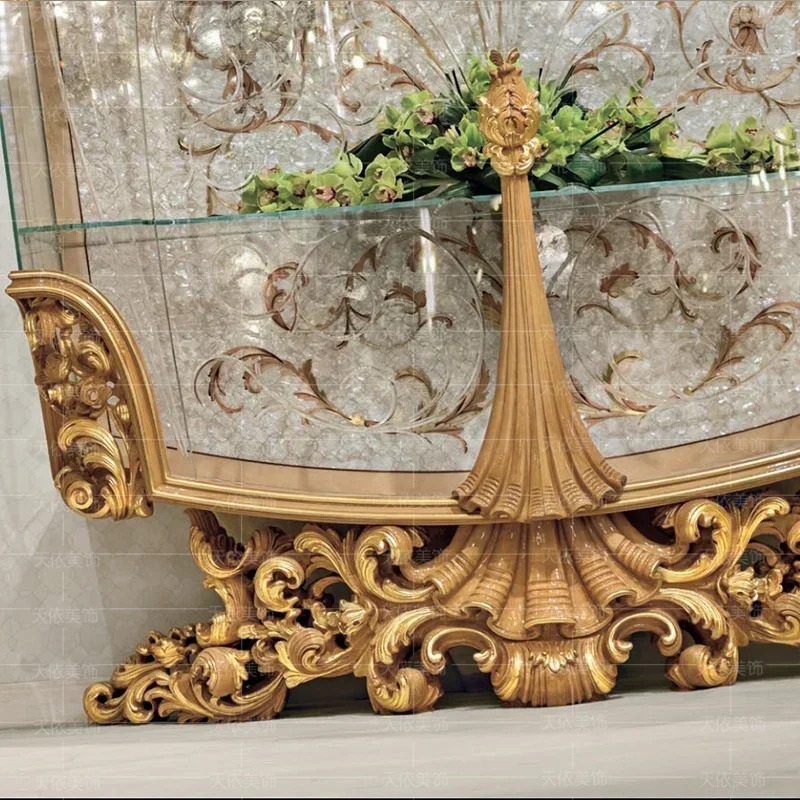 Italian luxury table side cabinet solid wood carved veneer shell double door glass display palace wine cabinet