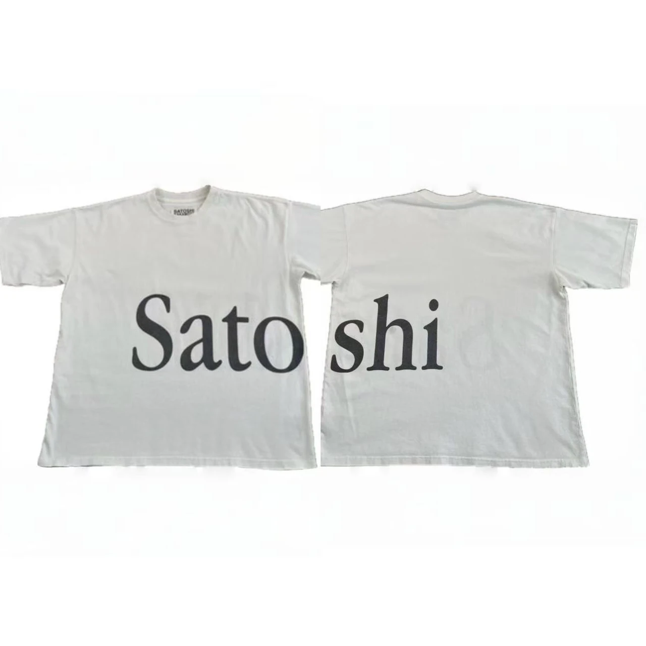 Streetwear Satoshi Short-Sleeved T-Shirt Wrap Around Logo Print Washed White Vintage T Shirt Men Women Trend Loose Top Tee
