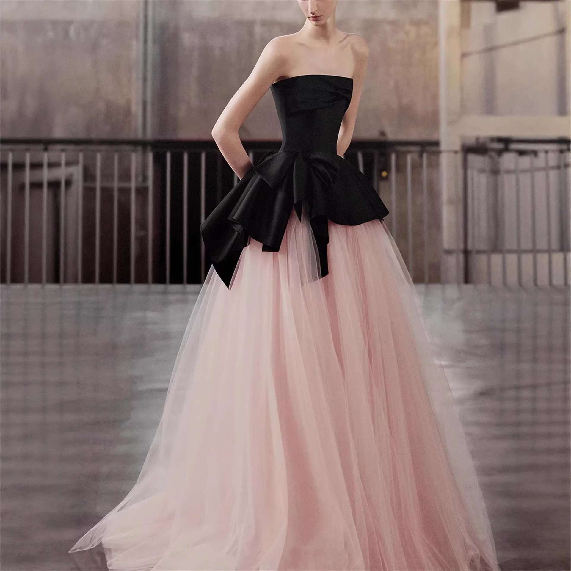 

Women's Evening Gown 2026 New Black Pink Strapless Performance Toast Hostess Costume mid Waist round Neck Daily Wear Silk