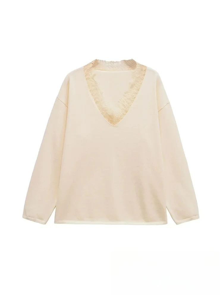

KONDALA Casual Elegant Chic Women Solid Sweater Pullover V-Neck Long Sleeve Lace Knitted Top Fashion 2025 Autumn Holiday Sweater