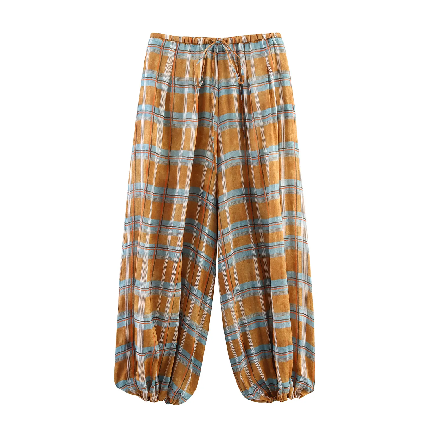 

Women's Fashion Casual Ramie Plaid Lantern Pants Plaid Balloon Pants Drawstring Elastic Waist Wide Leg Trousers For Summer S8P6