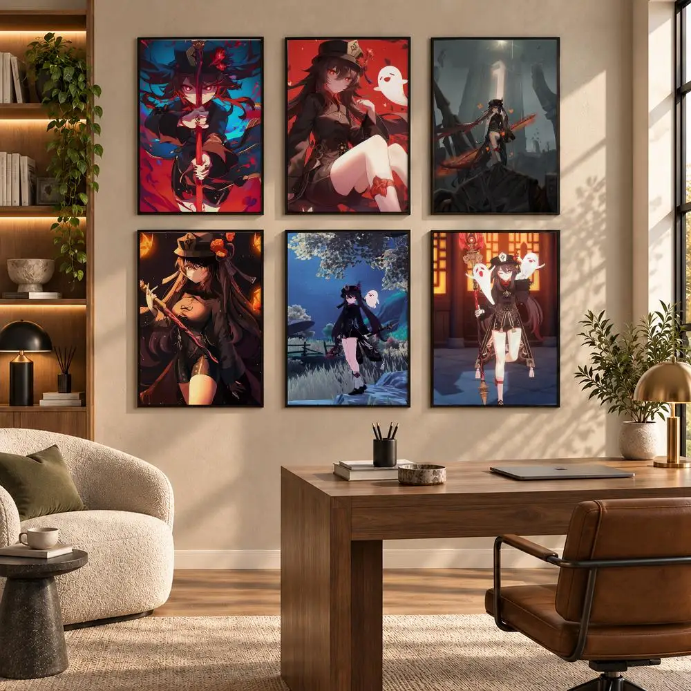 Game G-Genshin Impact Hu Tao Poster Self-adhesive Art Waterproof Paper Sticker Coffee House Bar Room Wall Decor