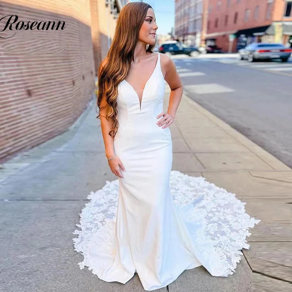 

Deep V-Neck Mermaid Wedding Dresses Spaghetti Straps Bridal Gowns Appliques Chapel Train Engagement Robe De Mariée Drop Shipping