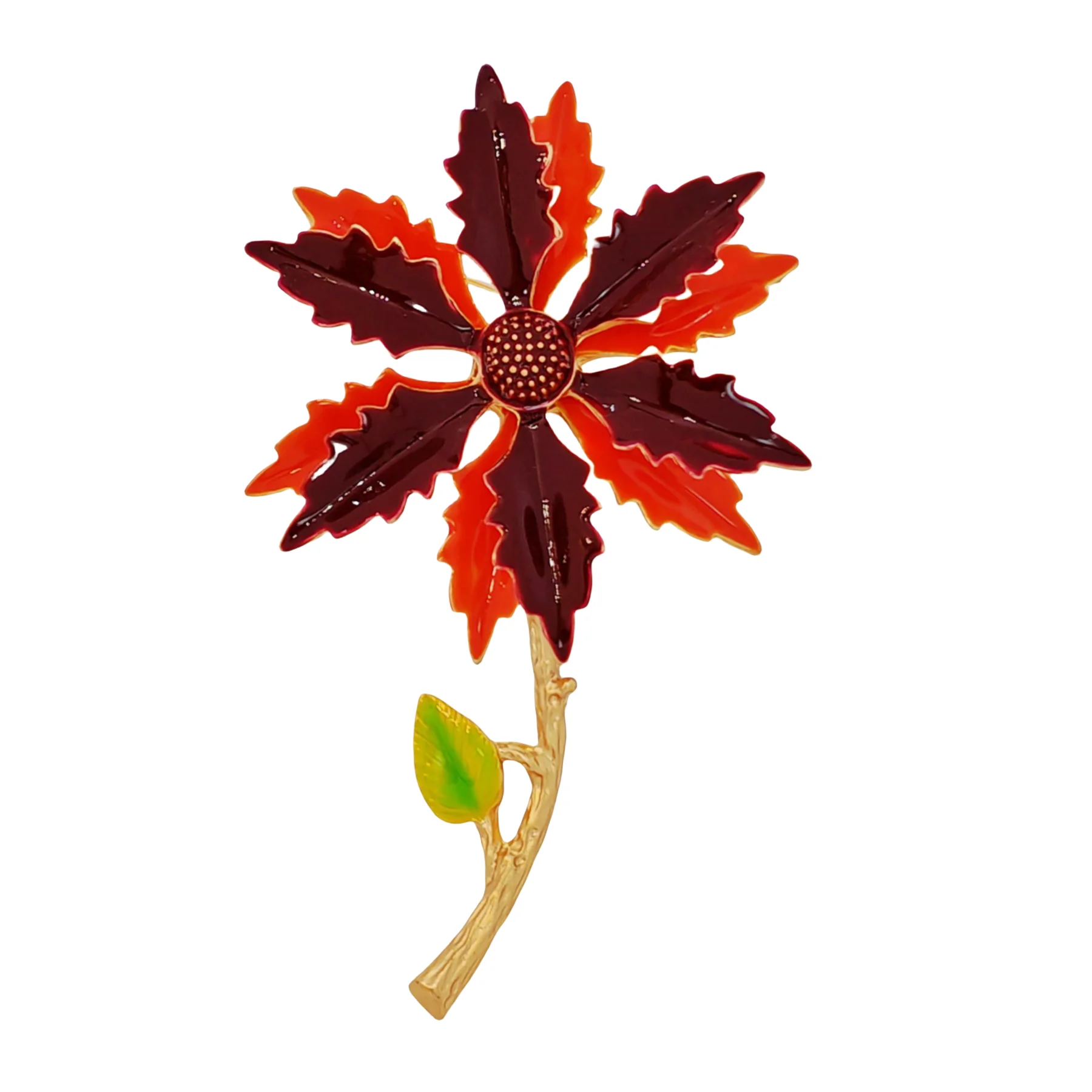 

Vibrant Enamel Poinsettia Flower Brooch with Realistic Design on Gold - toned Stem