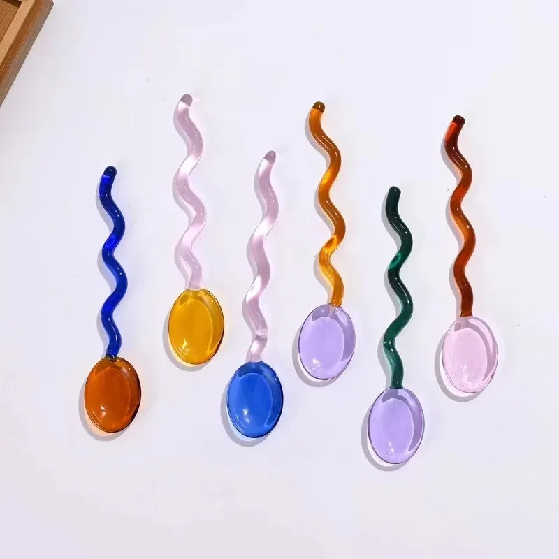 Creative Glass Milk Spoons Colored Transparent Coffee Dessert Stirring Spoon Long Handle Wave Stirrer Spoon Kitchen Tableware