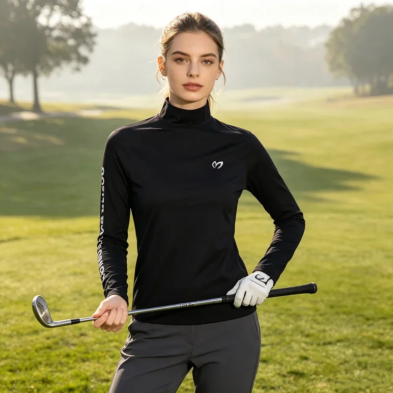 Korean Golf Jumper Blouse Women Golf Wear 2026 Autumn Winter New Fleece Lined Elastic Tennis Base Shirt Women Golf Clothing