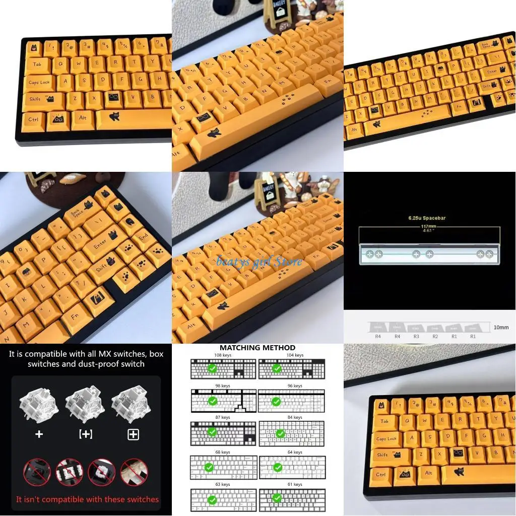 

C7AB Cartoon Keycap Set 126pcs Little Black Kitten Keycaps для механических клавиатур