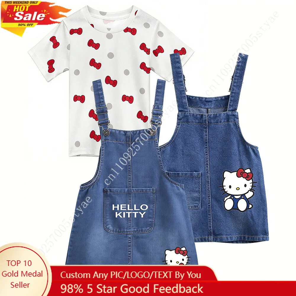 

Джинсовое платье-комбинезон Hello Kitty с регулируемой талией и комплектом из рубашки, летний комплект одежды, мягкий наряд, милые мультяшные костюмы для девочек