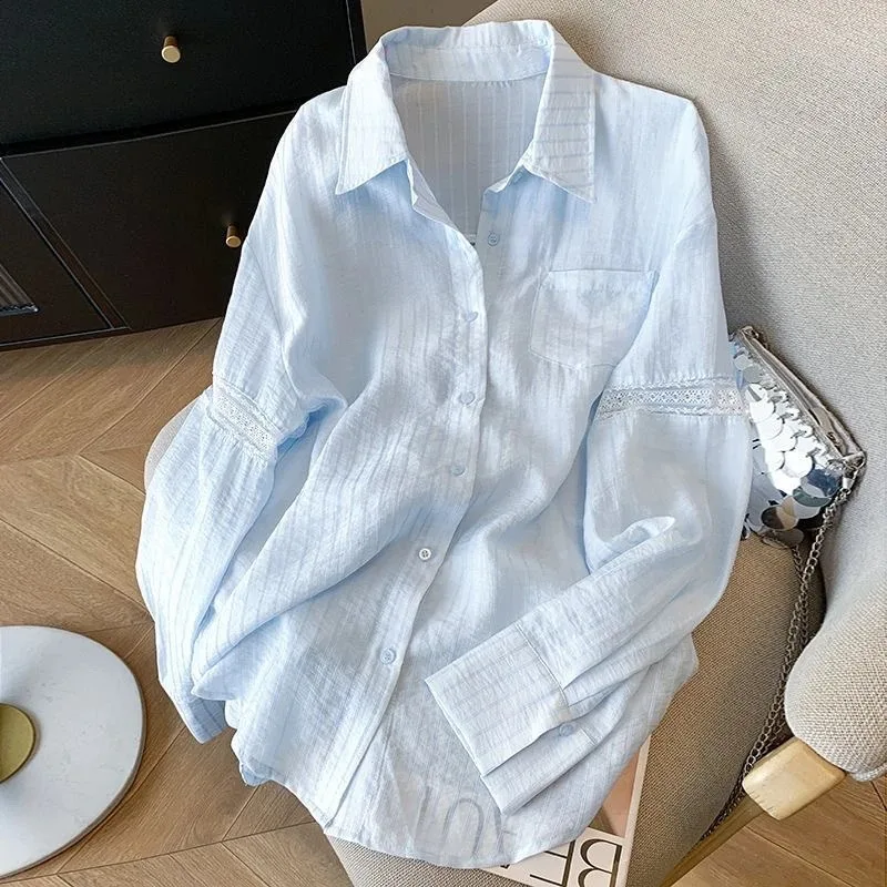 

Women's Lace Hollow Out Loose Sun Protection Shirt Lightweight Ice Silk Casual Blouse