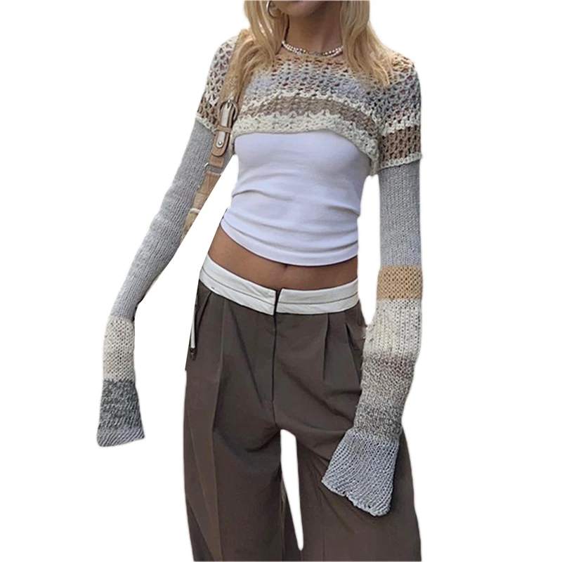 

Aesthetic Knit Patchwork Crop Top Long Sleeve T-Shirt Cover Up Women Chic Basic Crochet Smock Pullover Retro Y2K Streetwear