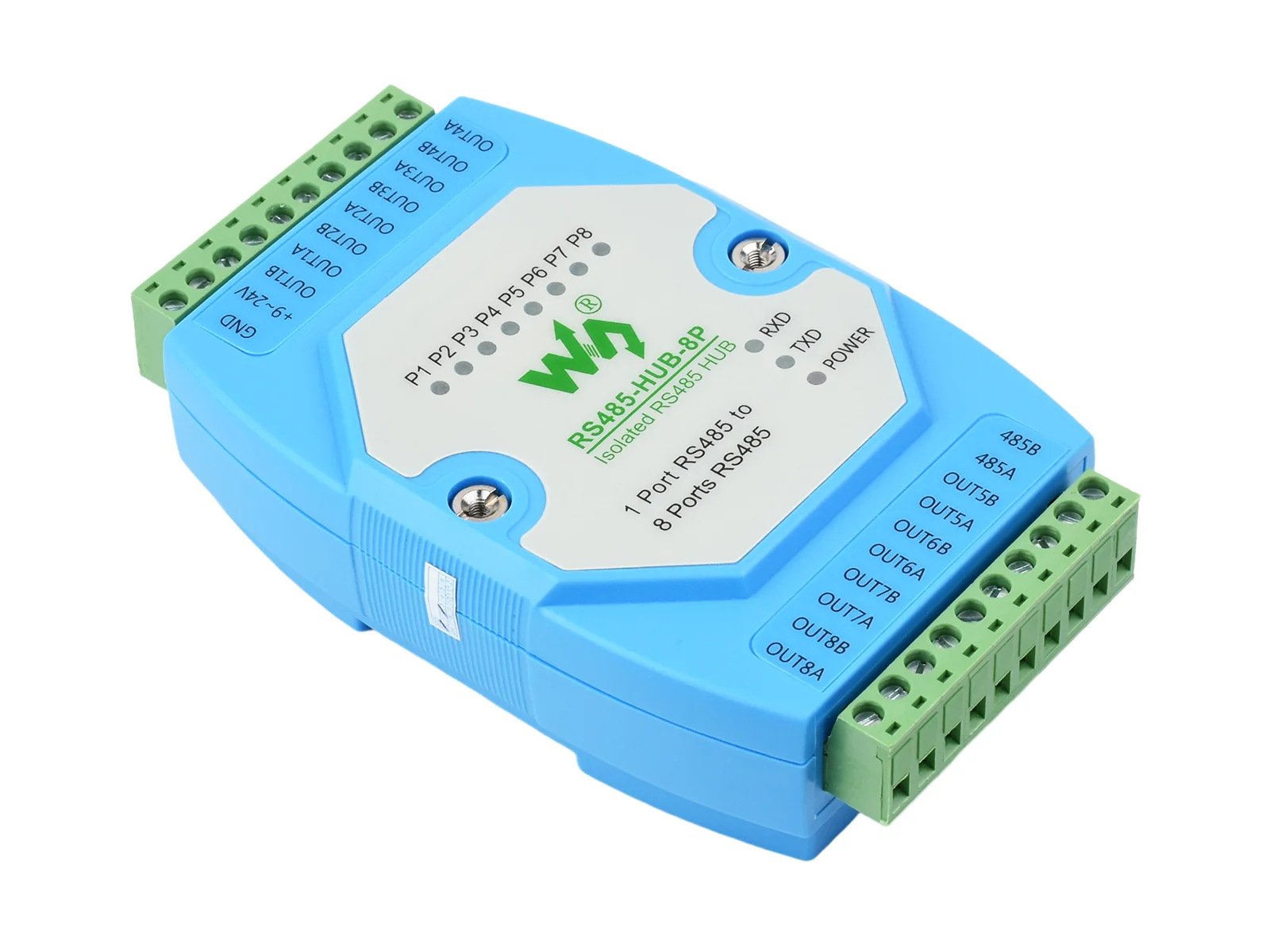 Waveshare Industrial-Grade Isolated 8-ch RS485 Hub with Isolation and Relay, Rail-Mount Support, Wide Baud Rate Range