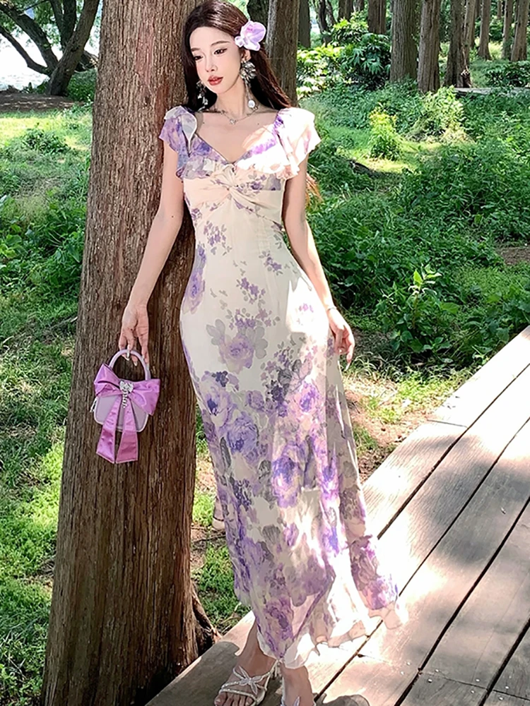 Summer Purple Floral Chiffon Chic Ruffled V-Neck Sexy Long Dress Women Boho Elegant Casual Dress 2025 Korean Bodycon Party Dress