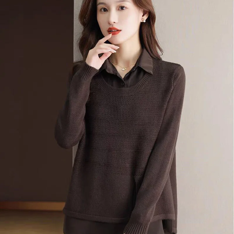 Women Clothing Fake Two Pieces Solid Knitted Sweaters Autumn Winter Commute Comfortable Pullovers Vintage Loose Jumper