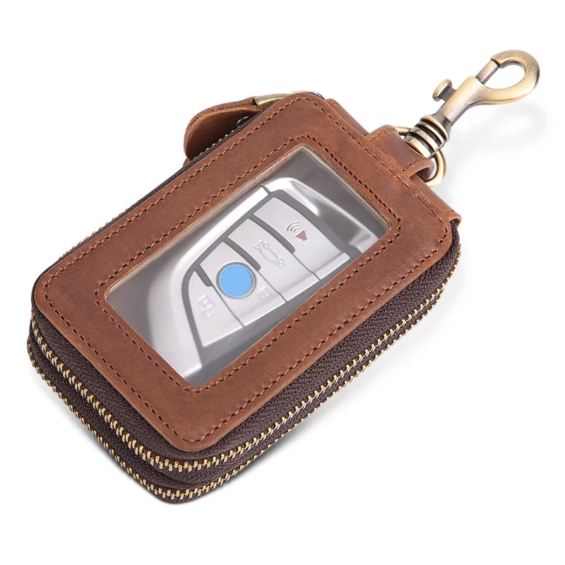 

Unisex Car Key Bag Crazy Horse Cowhide Holder Multi Genuine Leather Covers Hook Housekeeper chain Double Zipper Bags