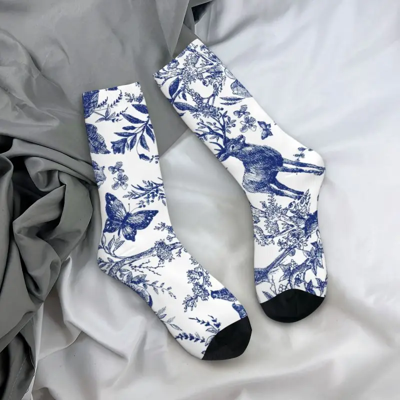 French Toile De Jouy Indigo Pattern Dress Socks Men's Women's Warm Fashion Novelty Vintage Floral And Animal Forest Crew Socks