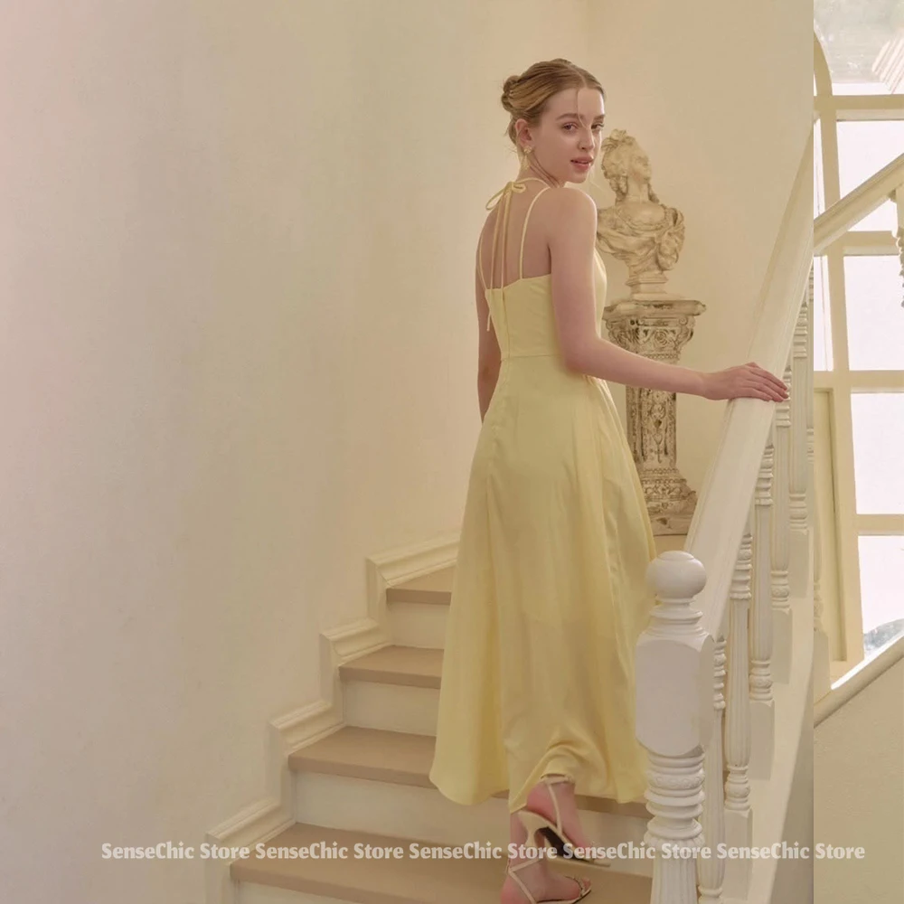 노란색 간단한 이브닝 드레스 여성 우아한 한국 홀터넥 a 라인 새틴 사진 촬영 공식 바닥 길이 행사 드레스 맞춤형