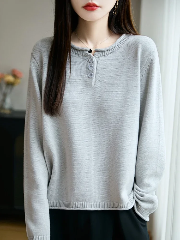 Basic-Hemd mit Bündchen und Rand, eleganter Pendler-Stil, Herbst-Winter, neuer lockerer Langarm-Strickpullover mit Rundhalsausschnitt, reines Baumwollgarn