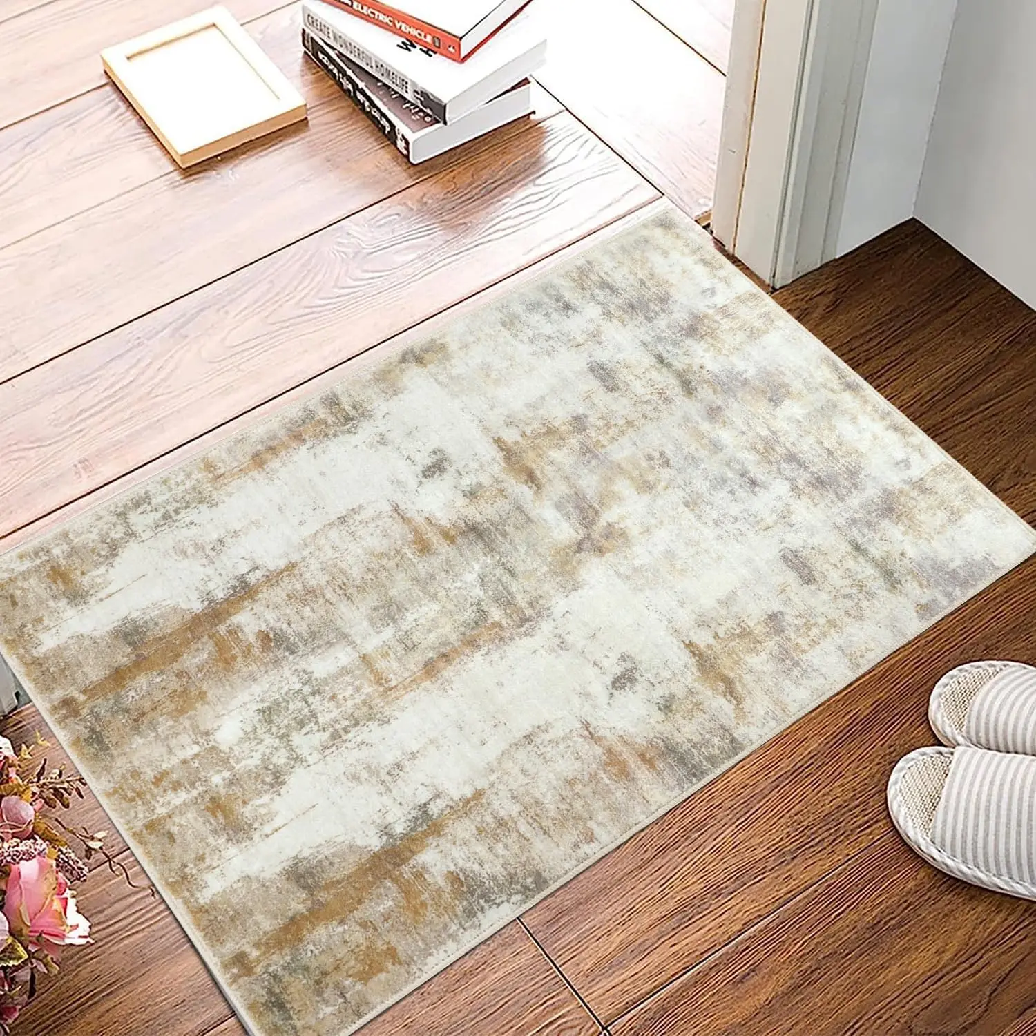 

Non Slip Washable 2x3 Rug with Rubber Backing, Soft Low Pile Small Rug for Entryway, Kitchen, Bathroom, Beige/Camel